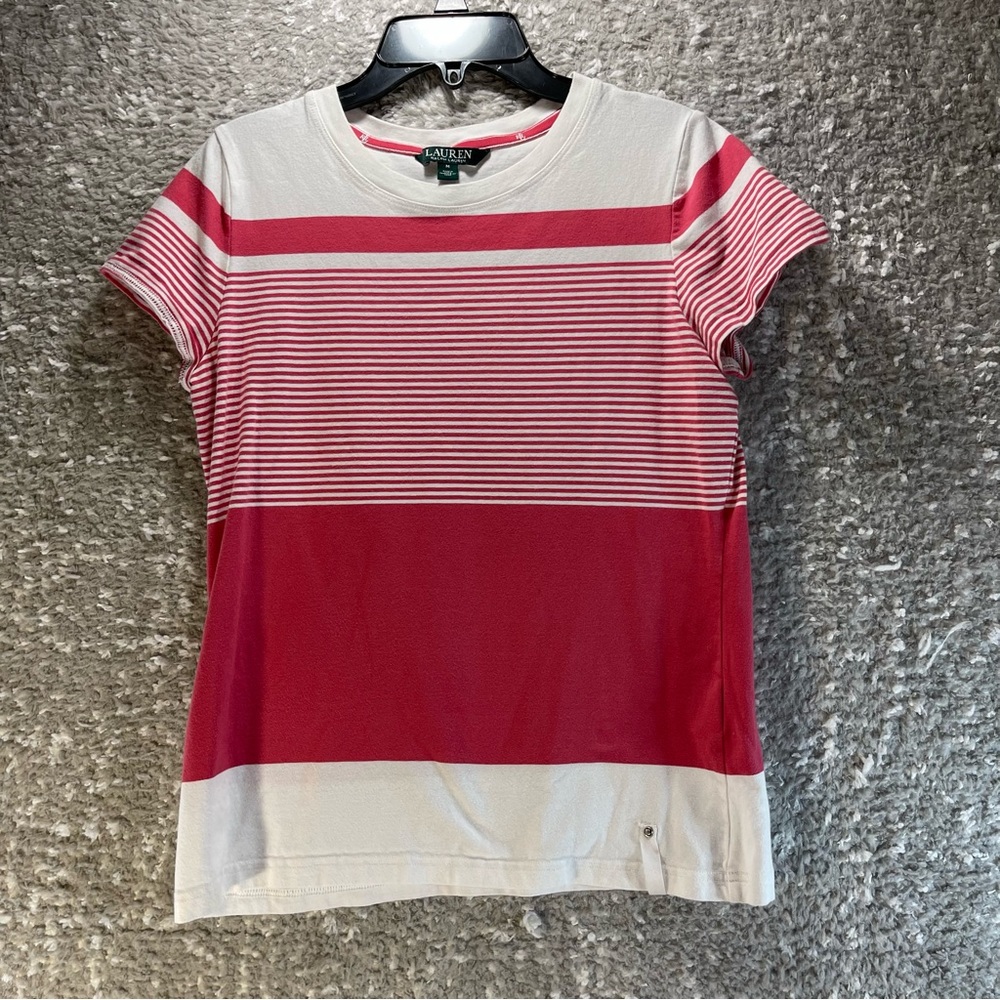 Lauren Ralph Lauren Women’s Medium Pink/white‎ Striped Cotton Stretch Pullover